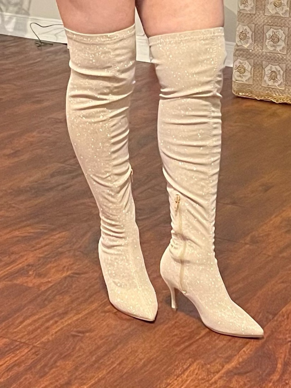 Women’s Over-the-Knee Glitter Stiletto Boots - Cream
